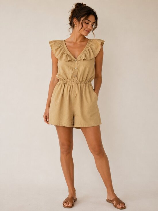 Final Touch Pants - Tan Romper Ruffle Button Front Cotton Small USA Made Bohemian
